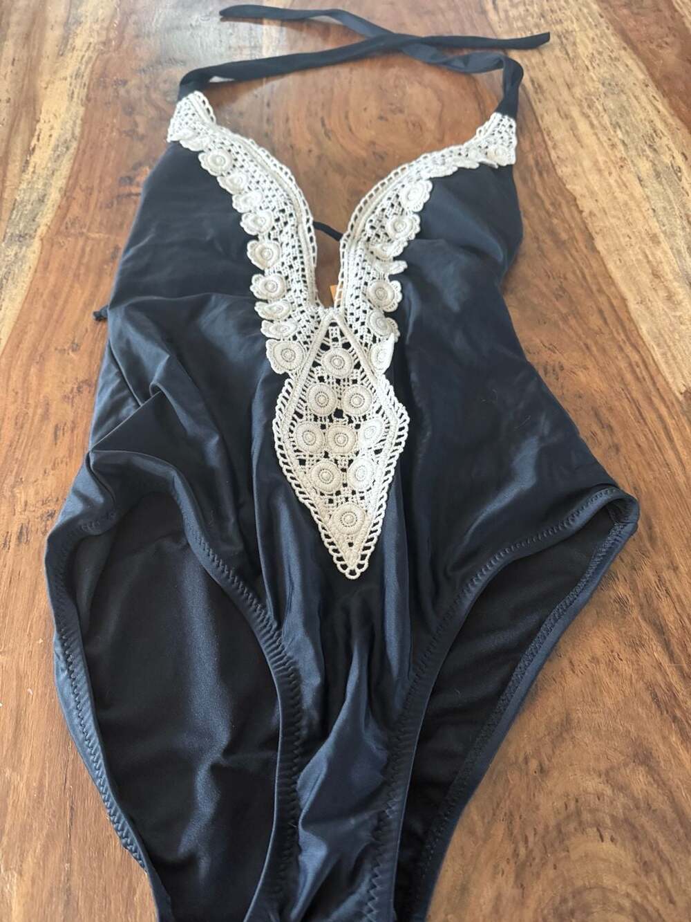Kona Sol Black Crochet Lace Front One Piece Swimsuit Size M